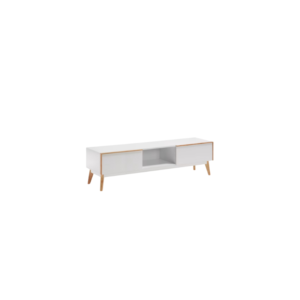 Meuble TV Melan 2 tiroirs laqué blanc et bois d'hévéa 150x45 cm