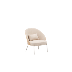 Fauteuil Eamy en chenille beige, placage de frêne avec finition naturelle et métal beige